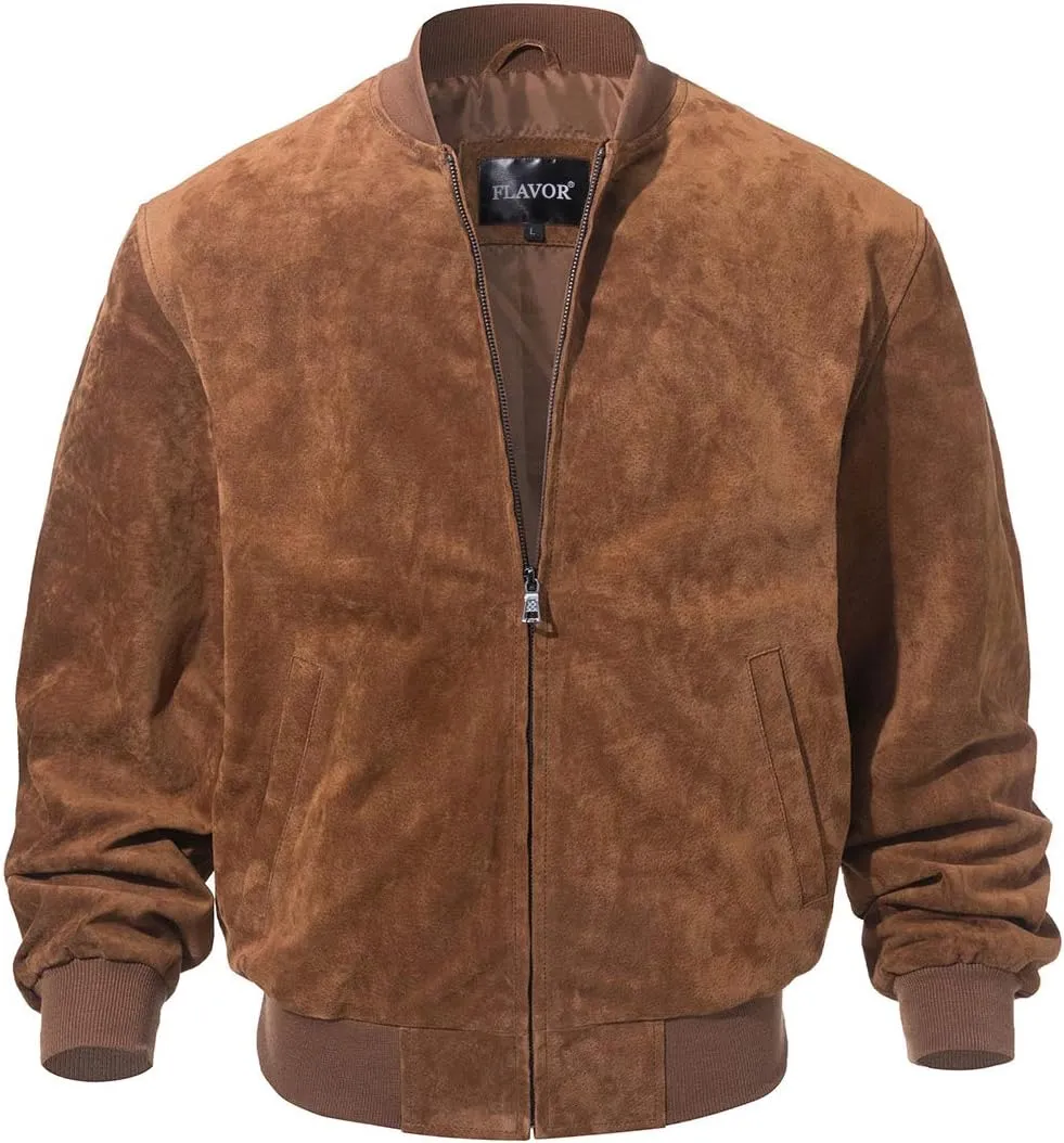 FLAVOR Men's Leather Baseball Jacket Vintage Suede Pigskin