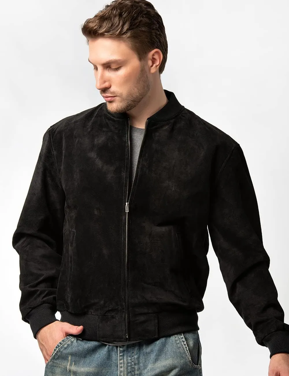 FLAVOR Men's Leather Baseball Jacket Vintage Suede Pigskin