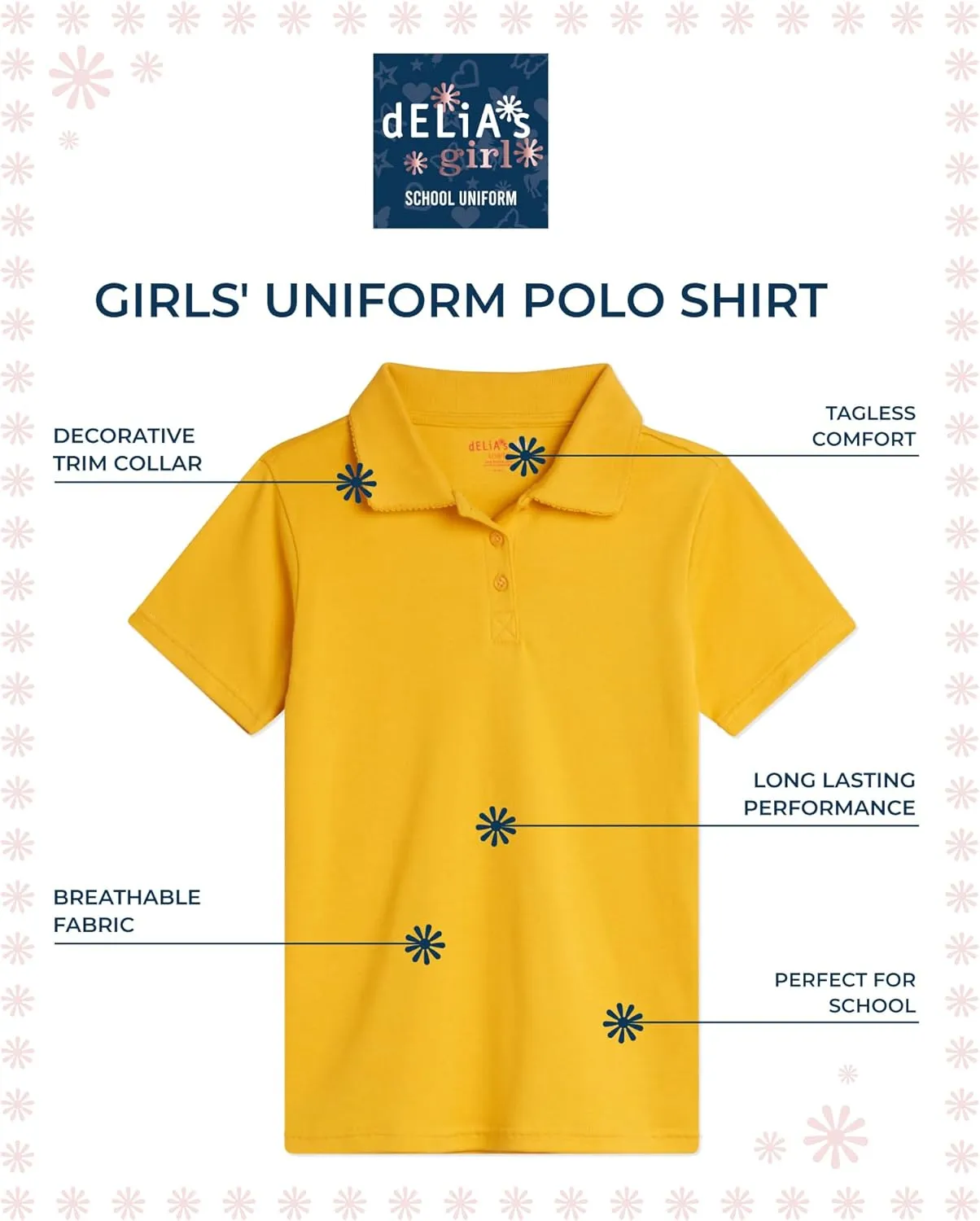 Girls' School Uniform Polo Shirt - 3 Pack Short Sleeve Picot Collar Polo - Interlock Soft Polo for Girls (4-16)