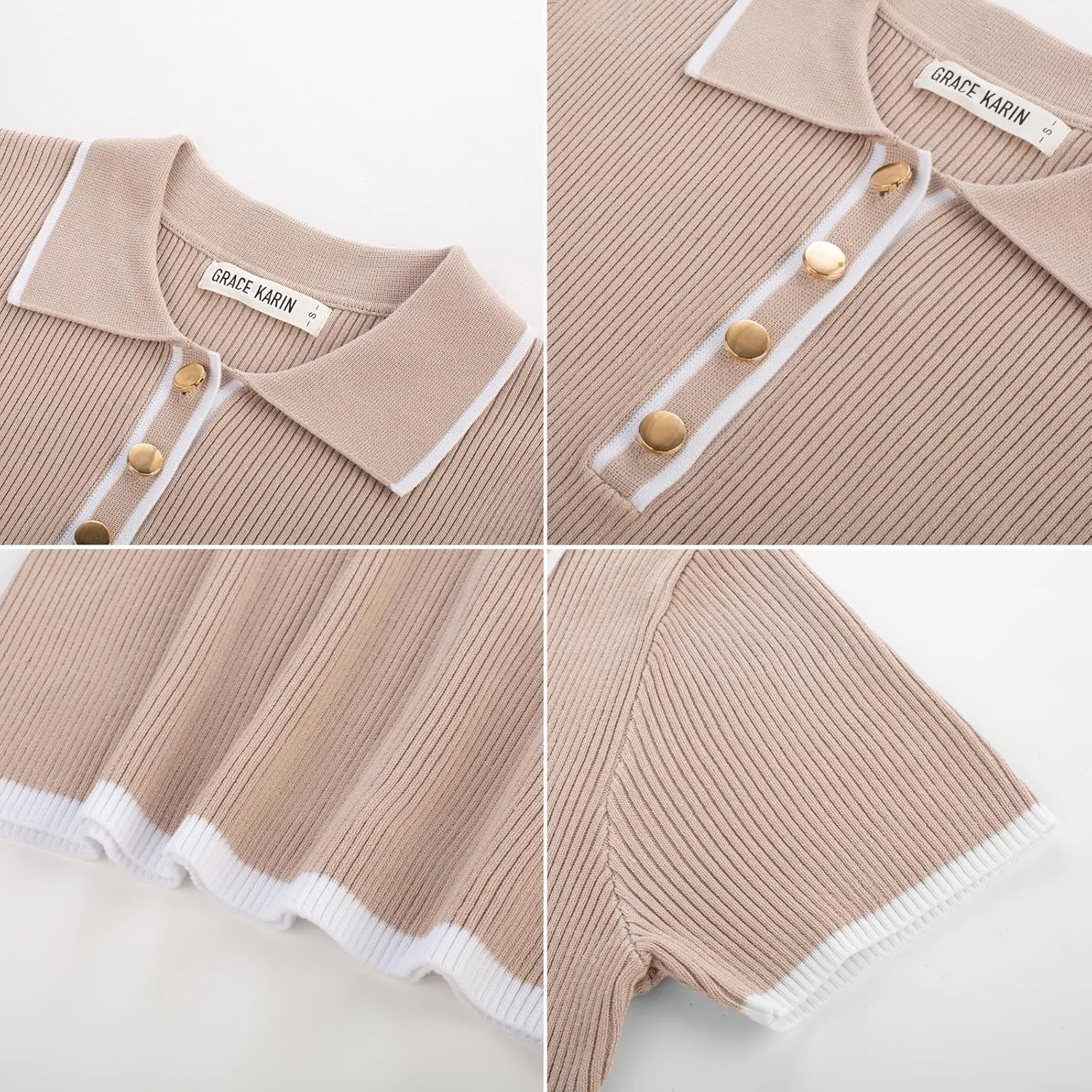 GRACE KARIN Women's Short Sleeve Sweaters Tops Polo V Neck Ribbed Knit Pullover Business Shirts 2025 Summer Outfits