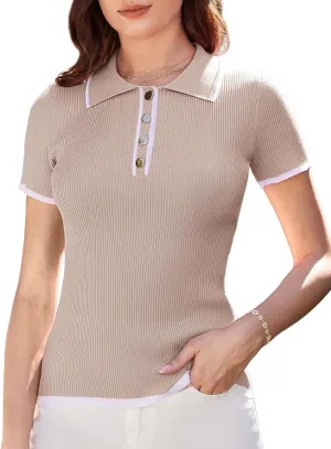 GRACE KARIN Women's Short Sleeve Sweaters Tops Polo V Neck Ribbed Knit Pullover Business Shirts 2025 Summer Outfits