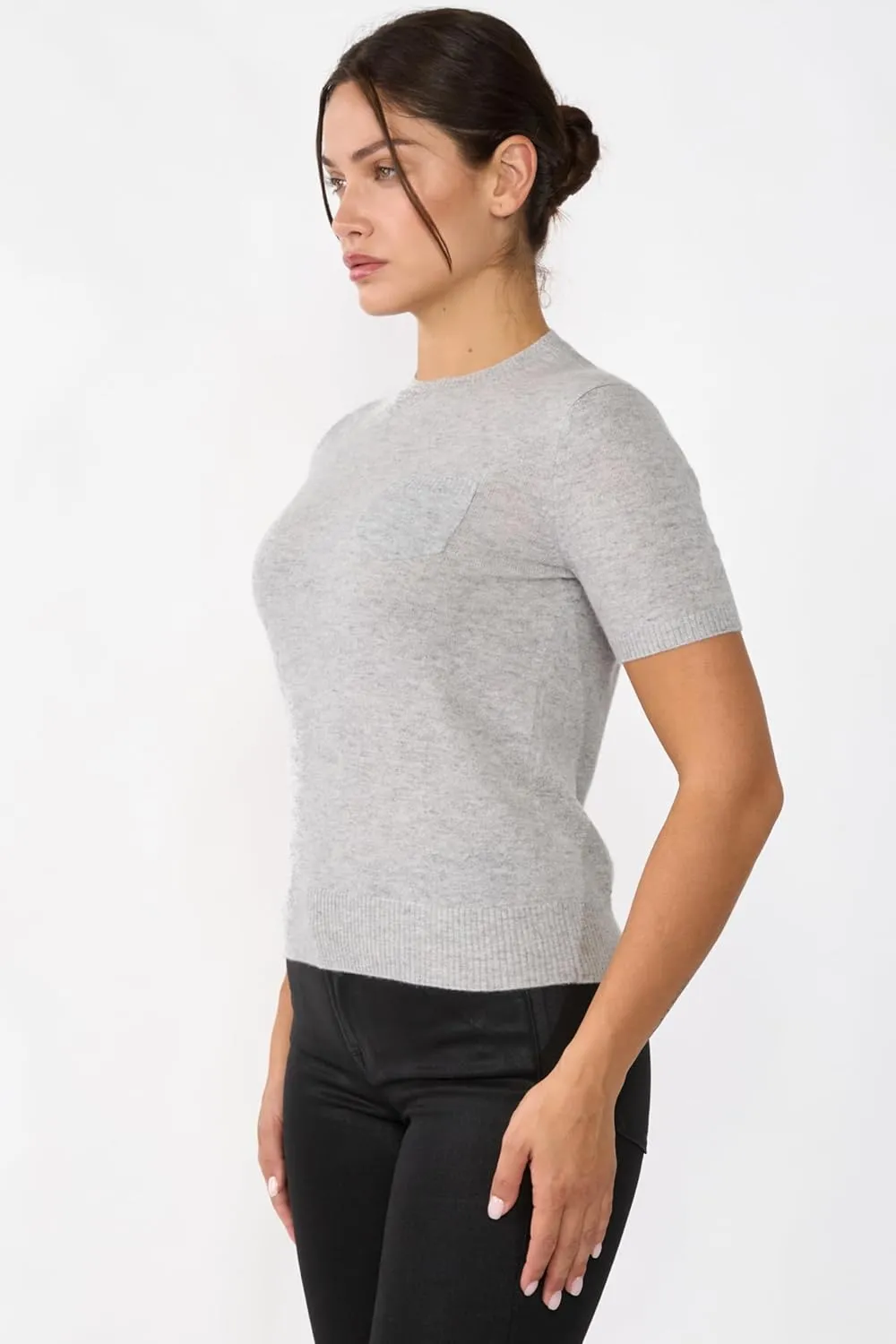 JENNIE LIU Womens 100% Cashmere Crewneck Short Sleeve Sweater