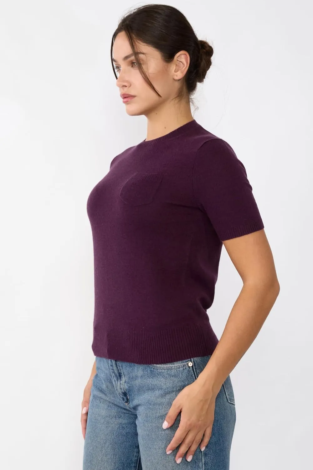JENNIE LIU Womens 100% Cashmere Crewneck Short Sleeve Sweater