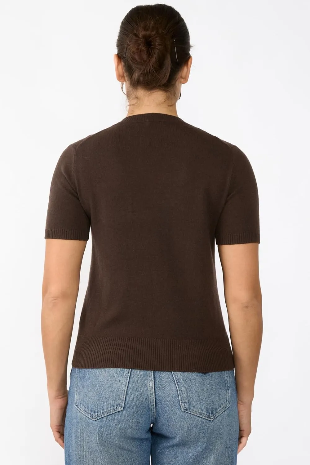 JENNIE LIU Womens 100% Cashmere Crewneck Short Sleeve Sweater