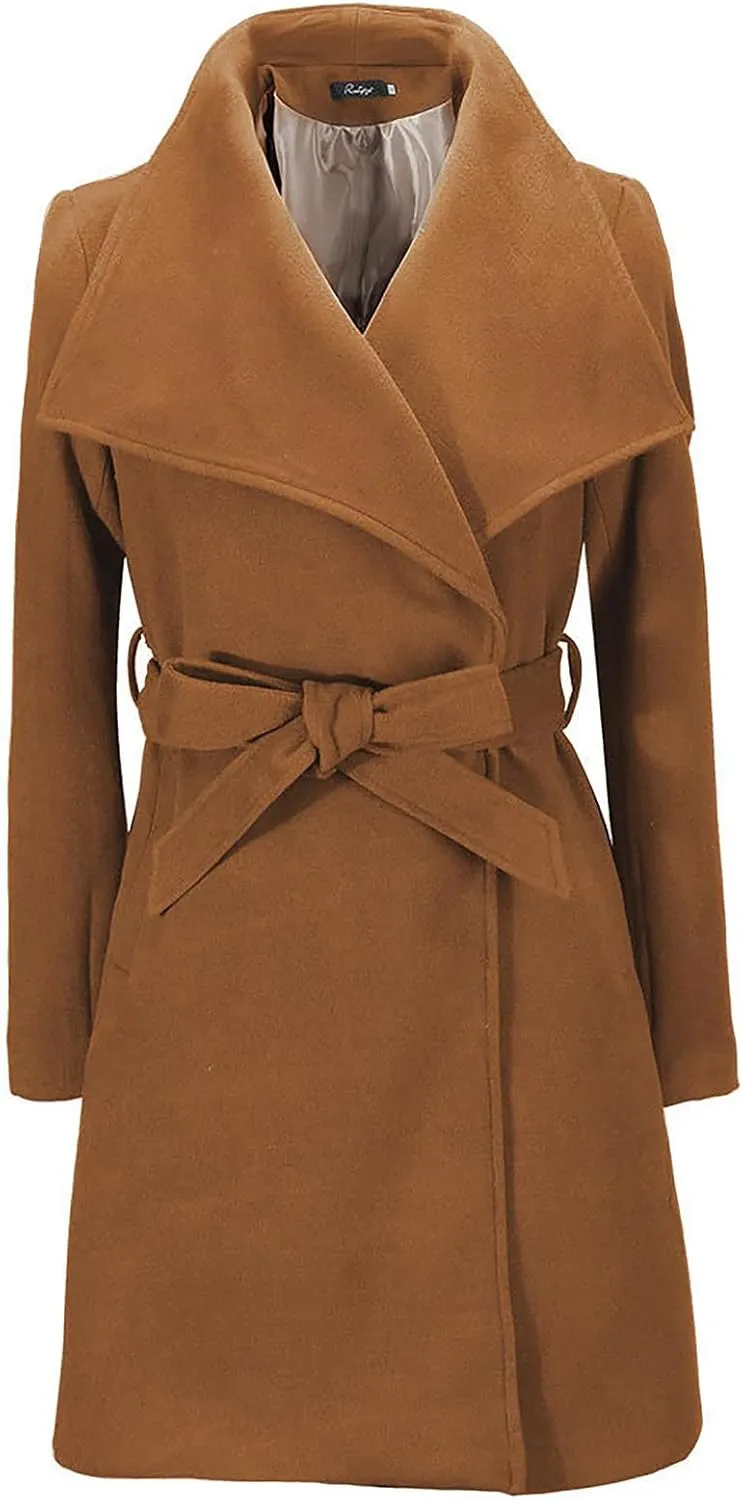 JOAU 2023 Winter Womens Wool Blend Midi Trench Coat Open Front Cardigan Peacoat Casual Elegant Solid Lapel Belted Overcoat
