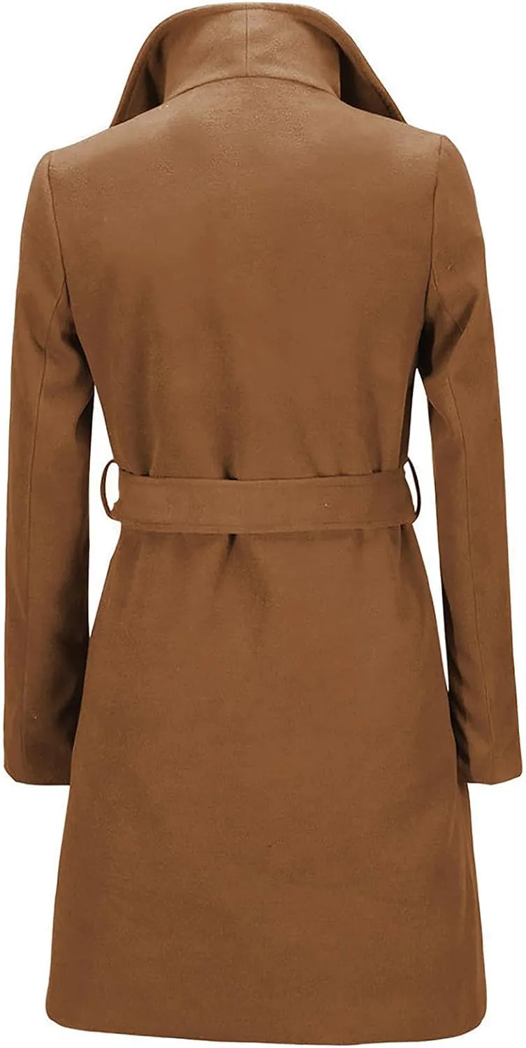 JOAU 2023 Winter Womens Wool Blend Midi Trench Coat Open Front Cardigan Peacoat Casual Elegant Solid Lapel Belted Overcoat