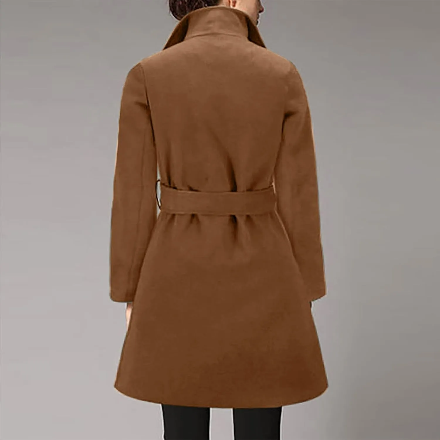JOAU 2023 Winter Womens Wool Blend Midi Trench Coat Open Front Cardigan Peacoat Casual Elegant Solid Lapel Belted Overcoat