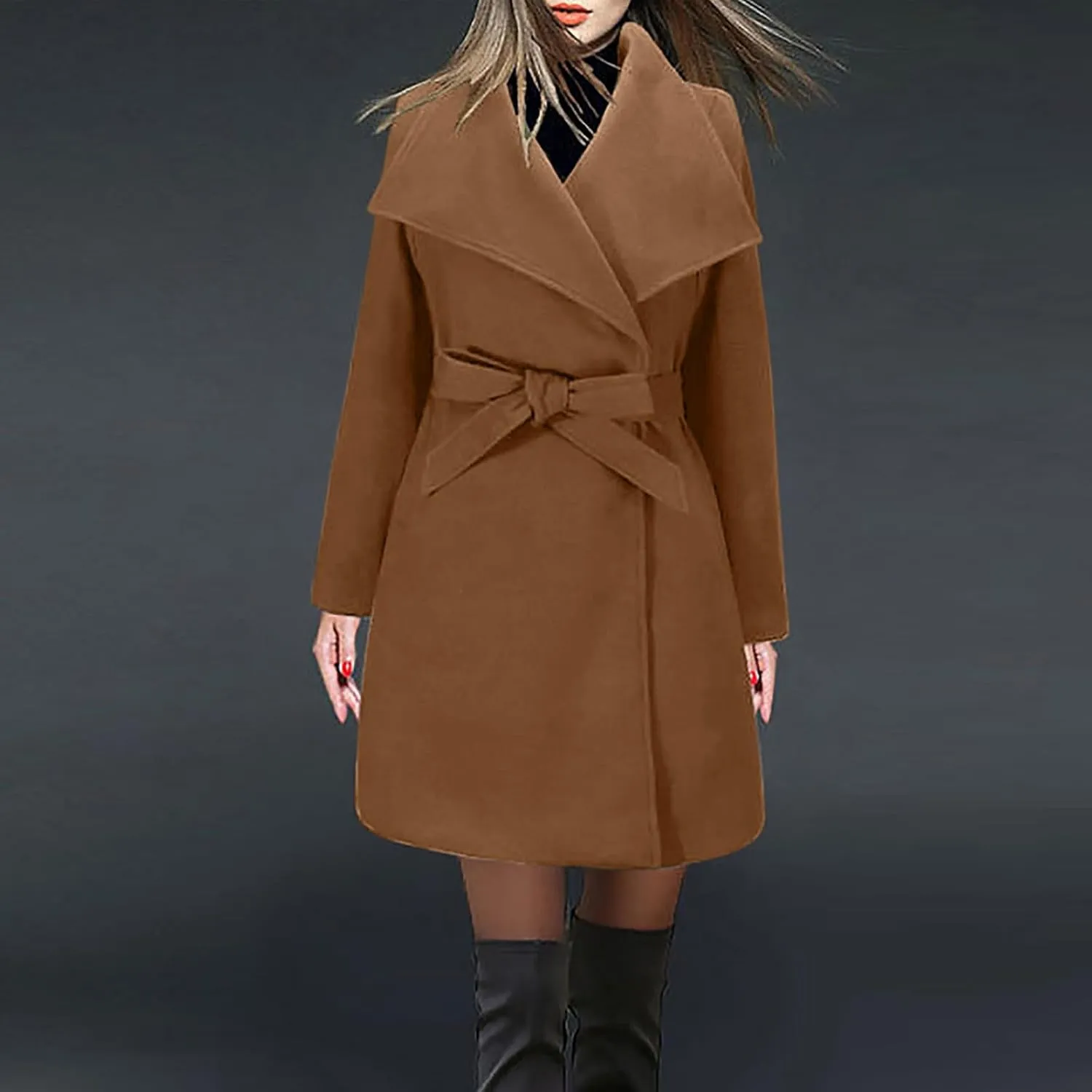 JOAU 2023 Winter Womens Wool Blend Midi Trench Coat Open Front Cardigan Peacoat Casual Elegant Solid Lapel Belted Overcoat
