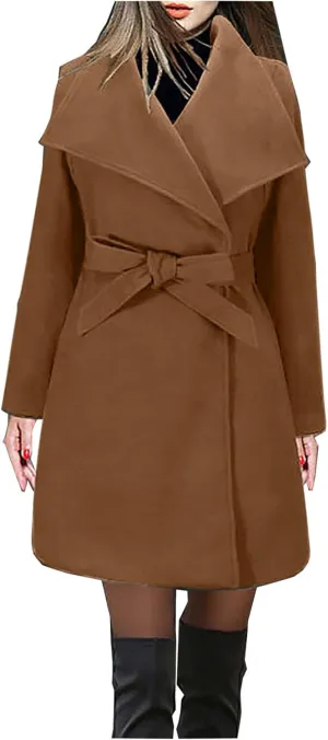 JOAU 2023 Winter Womens Wool Blend Midi Trench Coat Open Front Cardigan Peacoat Casual Elegant Solid Lapel Belted Overcoat