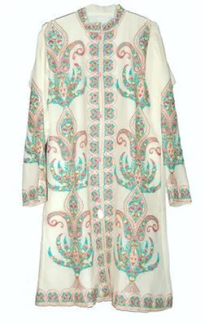 Kashmiri Woolen Coat Off-White, Multicolor Embroidery #AO-123