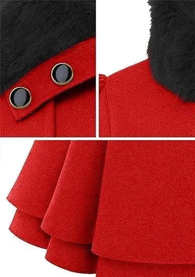 KELYWELL Womens Lapel Faux Fur Collar Jacket Double Breasted Wool Blend Trench Coat Long Trench Swing Coat with Belt