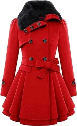 KELYWELL Womens Lapel Faux Fur Collar Jacket Double Breasted Wool Blend Trench Coat Long Trench Swing Coat with Belt
