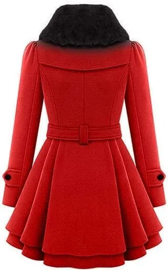 KELYWELL Womens Lapel Faux Fur Collar Jacket Double Breasted Wool Blend Trench Coat Long Trench Swing Coat with Belt