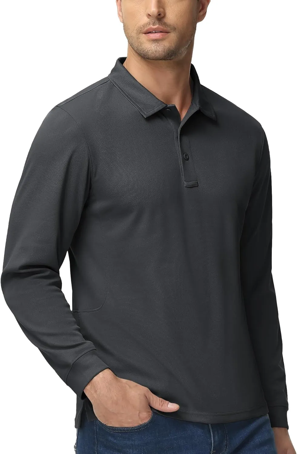MAGCOMSEN Men's Polo Shirts 3 Button Quick Dry Performance Long Sleeve Tactical Shirts Pique Jersey Golf Shirt