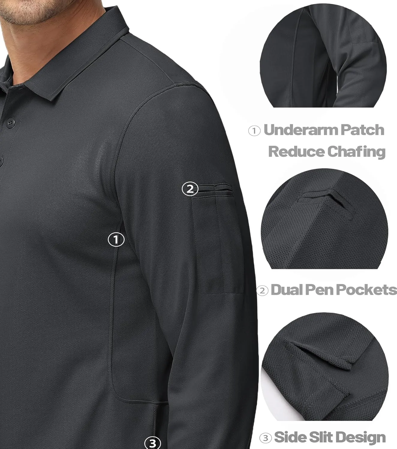 MAGCOMSEN Men's Polo Shirts 3 Button Quick Dry Performance Long Sleeve Tactical Shirts Pique Jersey Golf Shirt