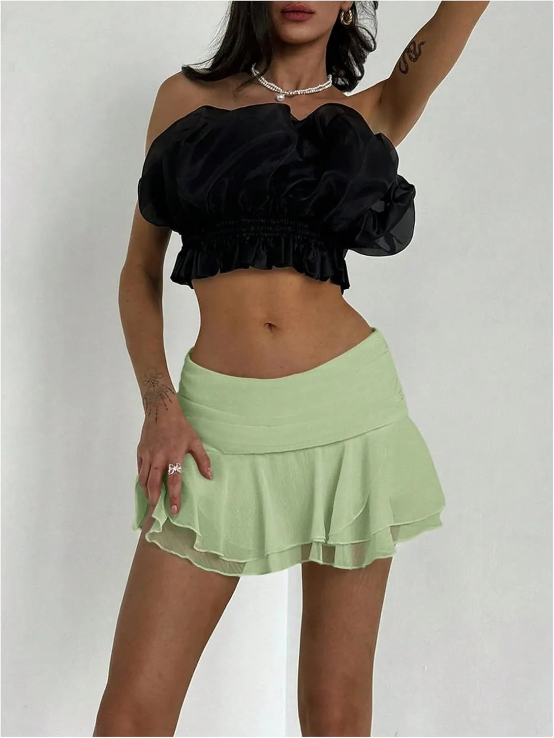 MakeMeChic Women's Tiered Layer Ruched Mesh Sheer Flared Ruffle Hem Summer Y2K Mini Skirts