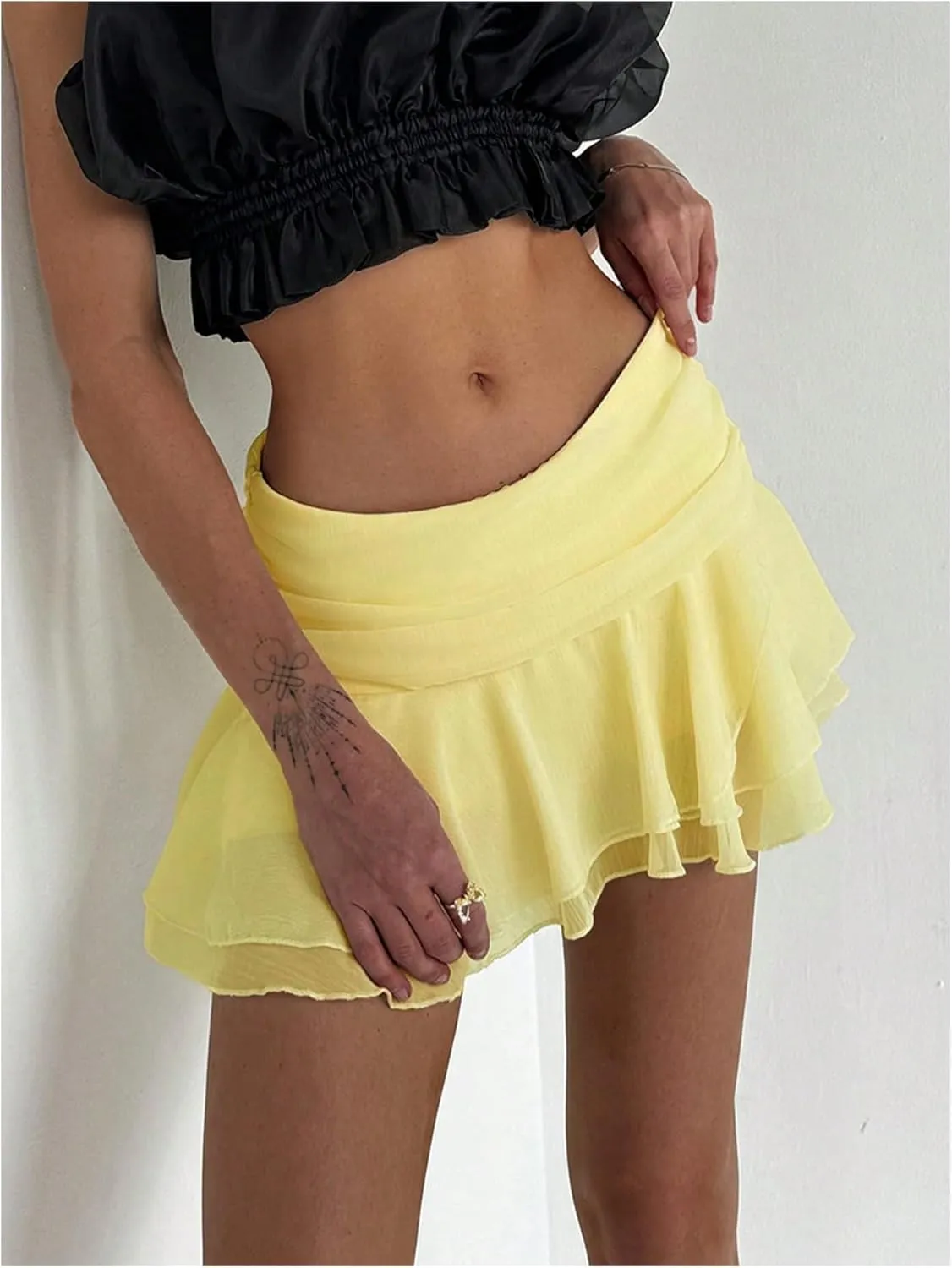MakeMeChic Women's Tiered Layer Ruched Mesh Sheer Flared Ruffle Hem Summer Y2K Mini Skirts
