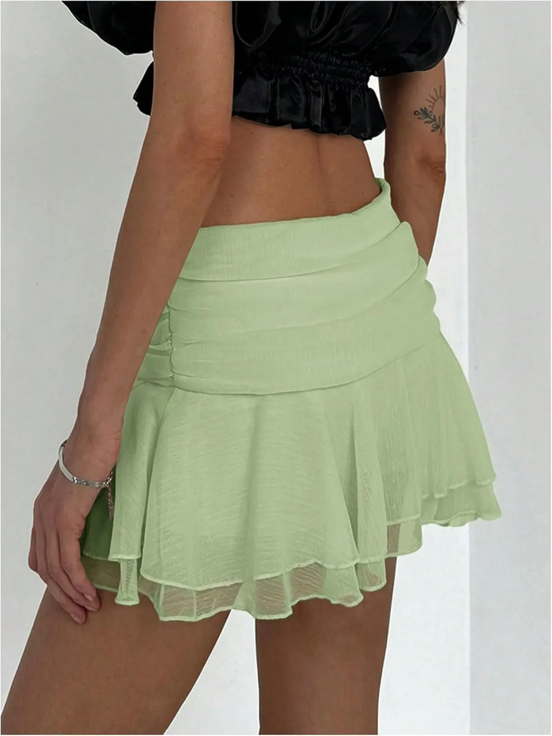 MakeMeChic Women's Tiered Layer Ruched Mesh Sheer Flared Ruffle Hem Summer Y2K Mini Skirts
