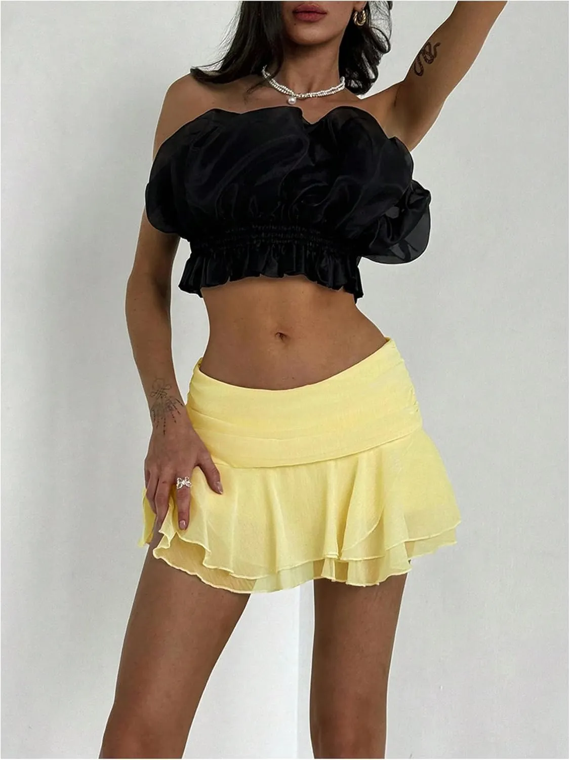 MakeMeChic Women's Tiered Layer Ruched Mesh Sheer Flared Ruffle Hem Summer Y2K Mini Skirts