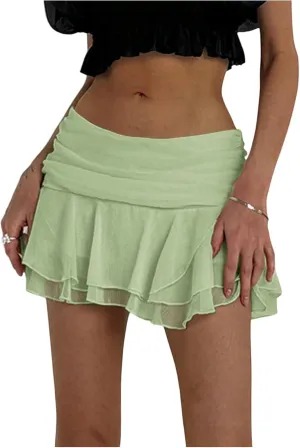 MakeMeChic Women's Tiered Layer Ruched Mesh Sheer Flared Ruffle Hem Summer Y2K Mini Skirts