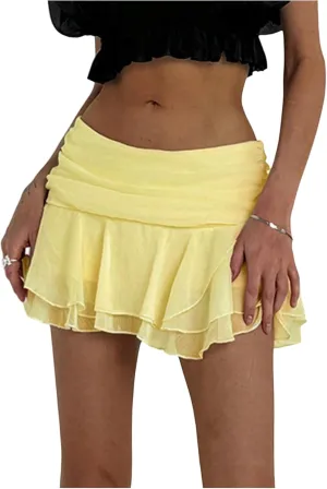 MakeMeChic Women's Tiered Layer Ruched Mesh Sheer Flared Ruffle Hem Summer Y2K Mini Skirts