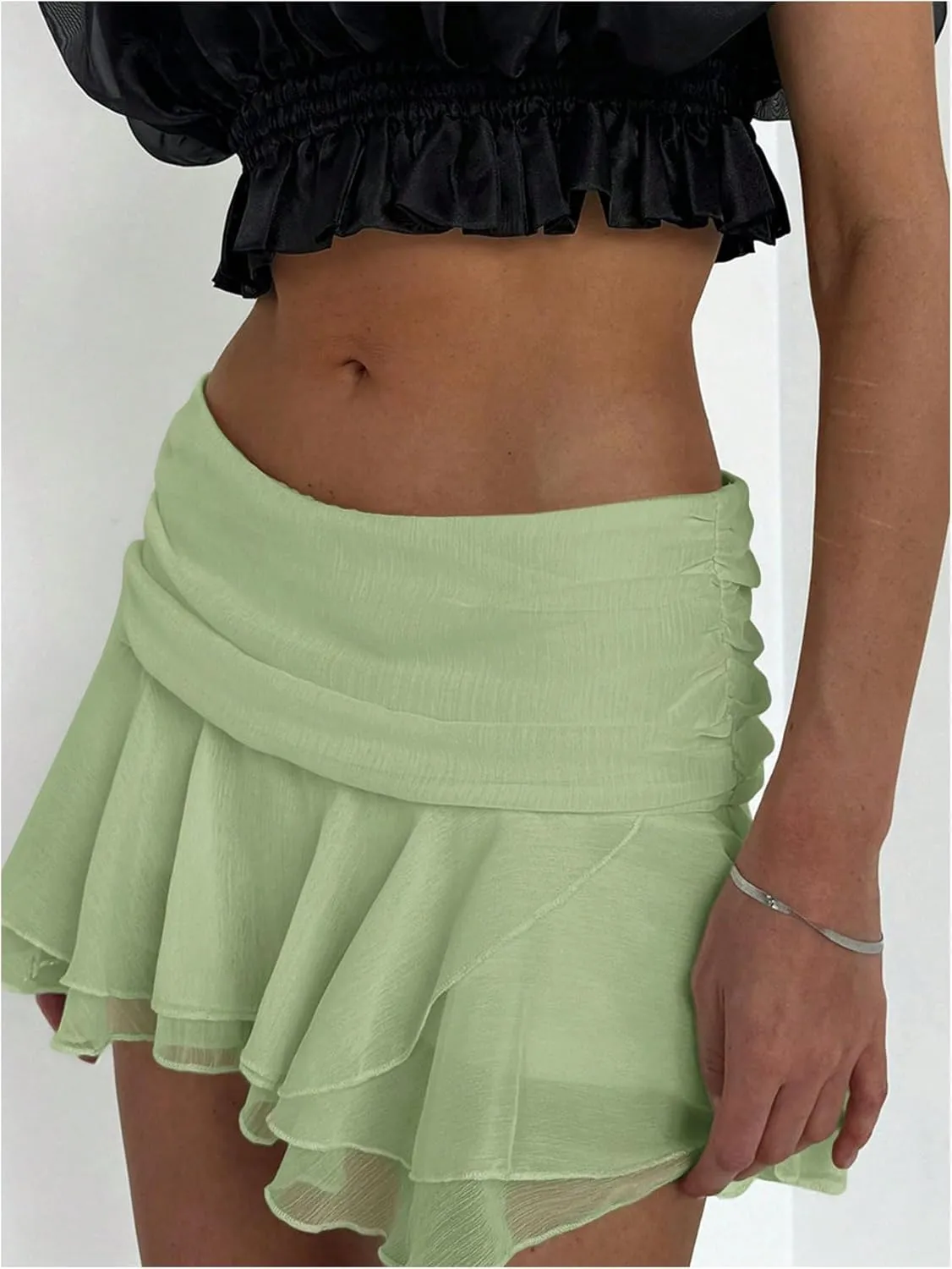 MakeMeChic Women's Tiered Layer Ruched Mesh Sheer Flared Ruffle Hem Summer Y2K Mini Skirts