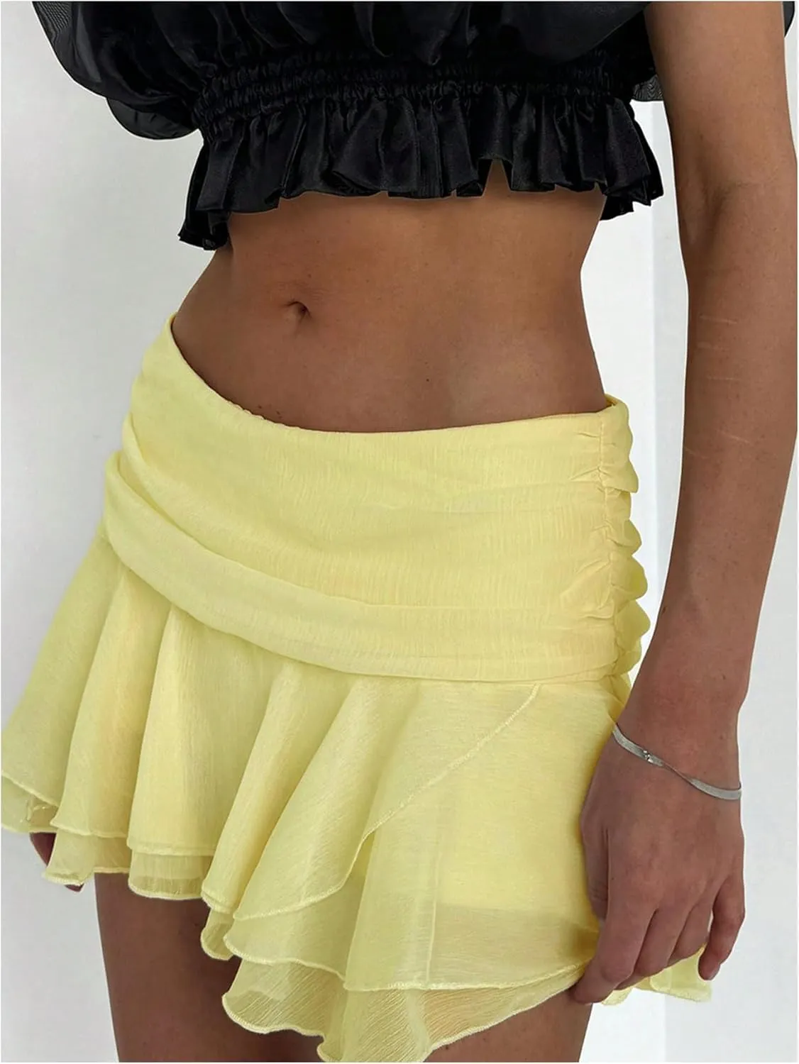 MakeMeChic Women's Tiered Layer Ruched Mesh Sheer Flared Ruffle Hem Summer Y2K Mini Skirts