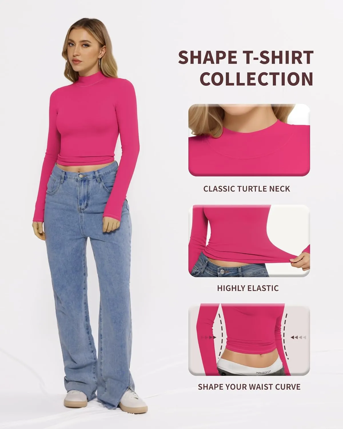 MANGOPOP Women's Turtle Neck T-Shirt Long Sleeve Thermal Underwear Top Hourglass Shaped Slim Fit Top