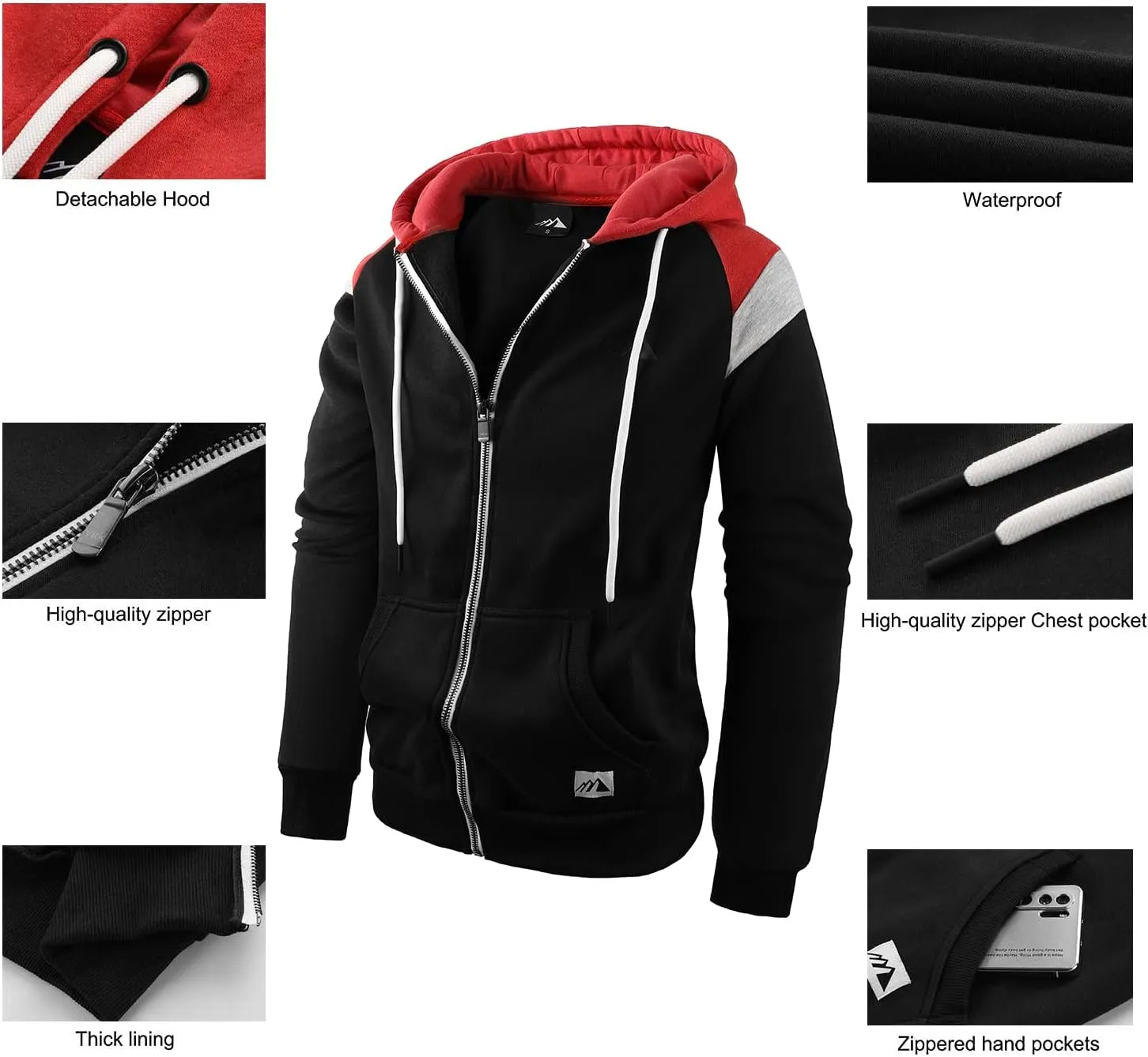 Men's Full Zip Fleece Hoodie zippered Color Block hooded slim Fit Long Sleeve Lightweight Sweatshirt