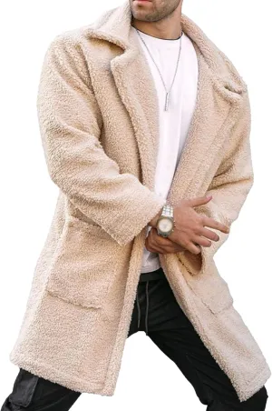 Men's Mink Overcoat Long Furry Trench Winter Luxury Faux Fur Jacket Full Zip Turndown Collar Pockets Coat