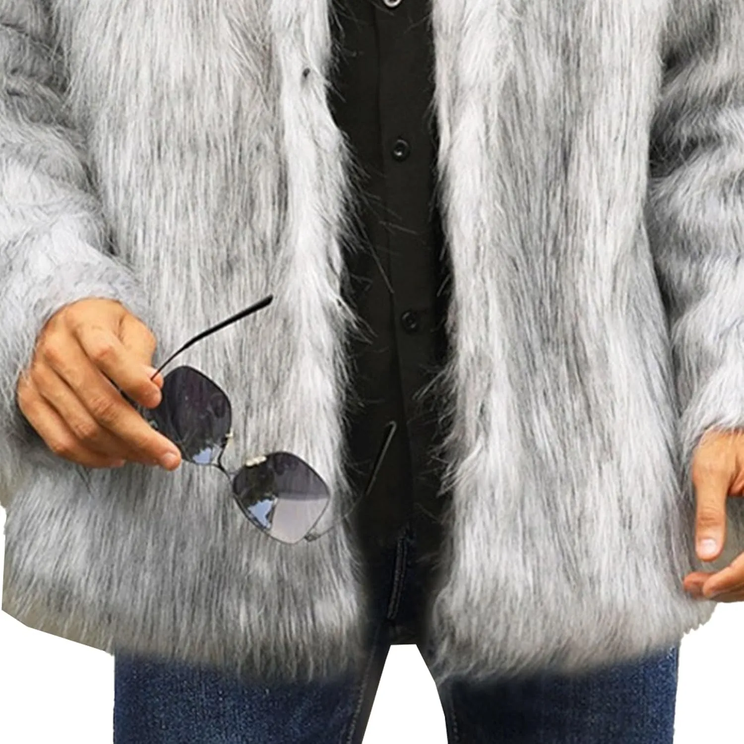 Mens Warm Thicken Furry Overcoat Trendy Short Faux Fur Coat Solid Color Long Sleeve Fur Y2K Outerwear