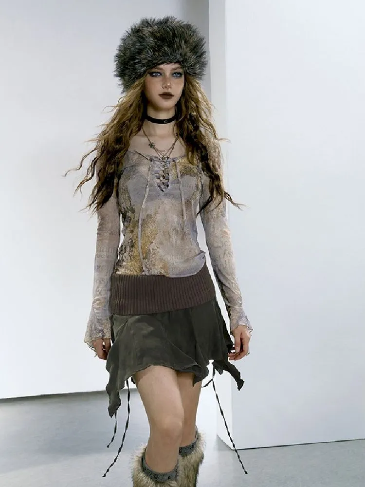 Mesh Yarn Clothes Full Print Mirad Bottom T-Shirt【s0000005146】
