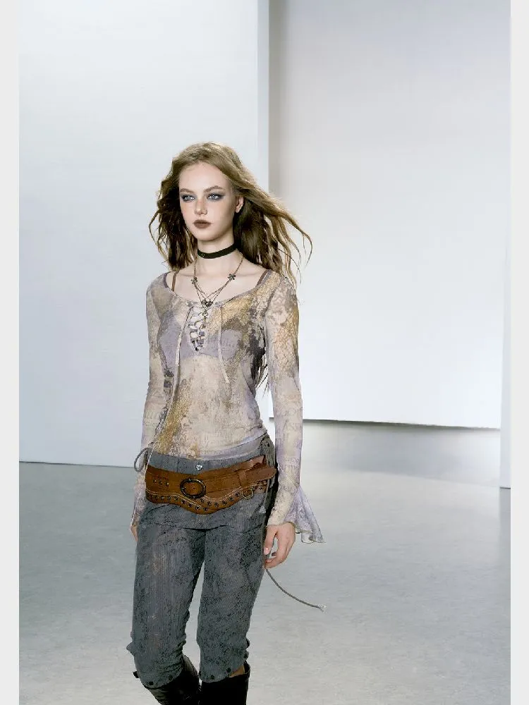 Mesh Yarn Clothes Full Print Mirad Bottom T-Shirt【s0000005146】