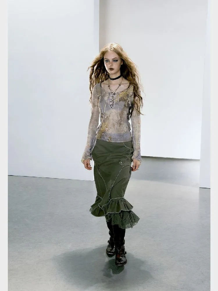 Mesh Yarn Clothes Full Print Mirad Bottom T-Shirt【s0000005146】