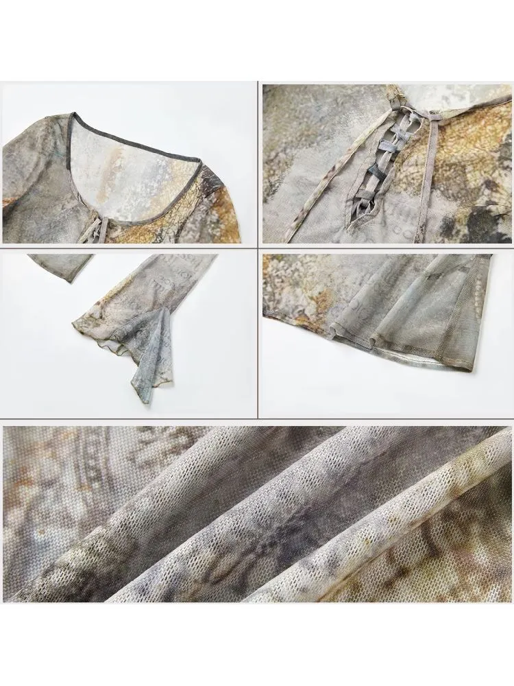 Mesh Yarn Clothes Full Print Mirad Bottom T-Shirt【s0000005146】
