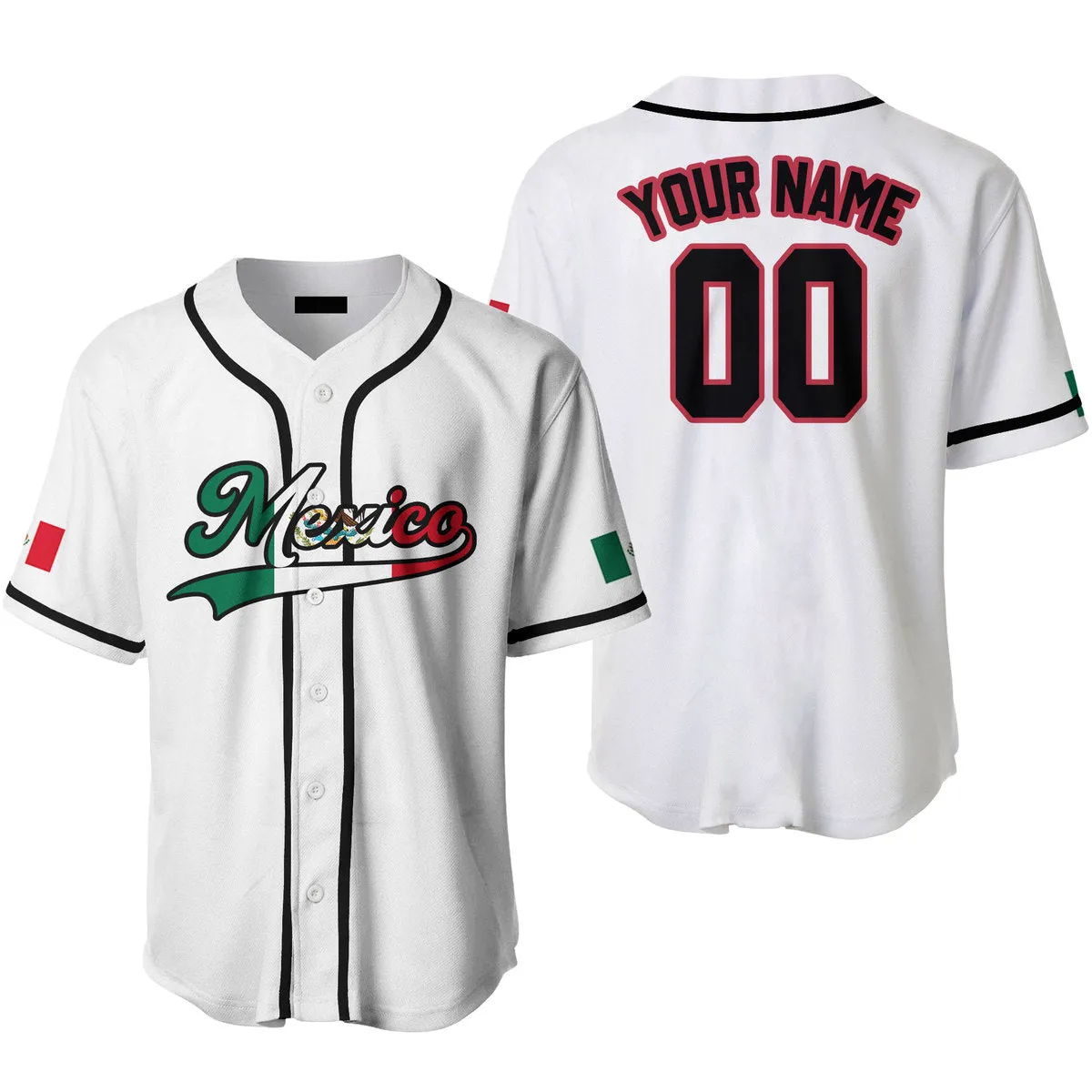 Mexico Text Pattern White Red Black Custom Name Baseball Jerseys, Idea Gift for Mexican