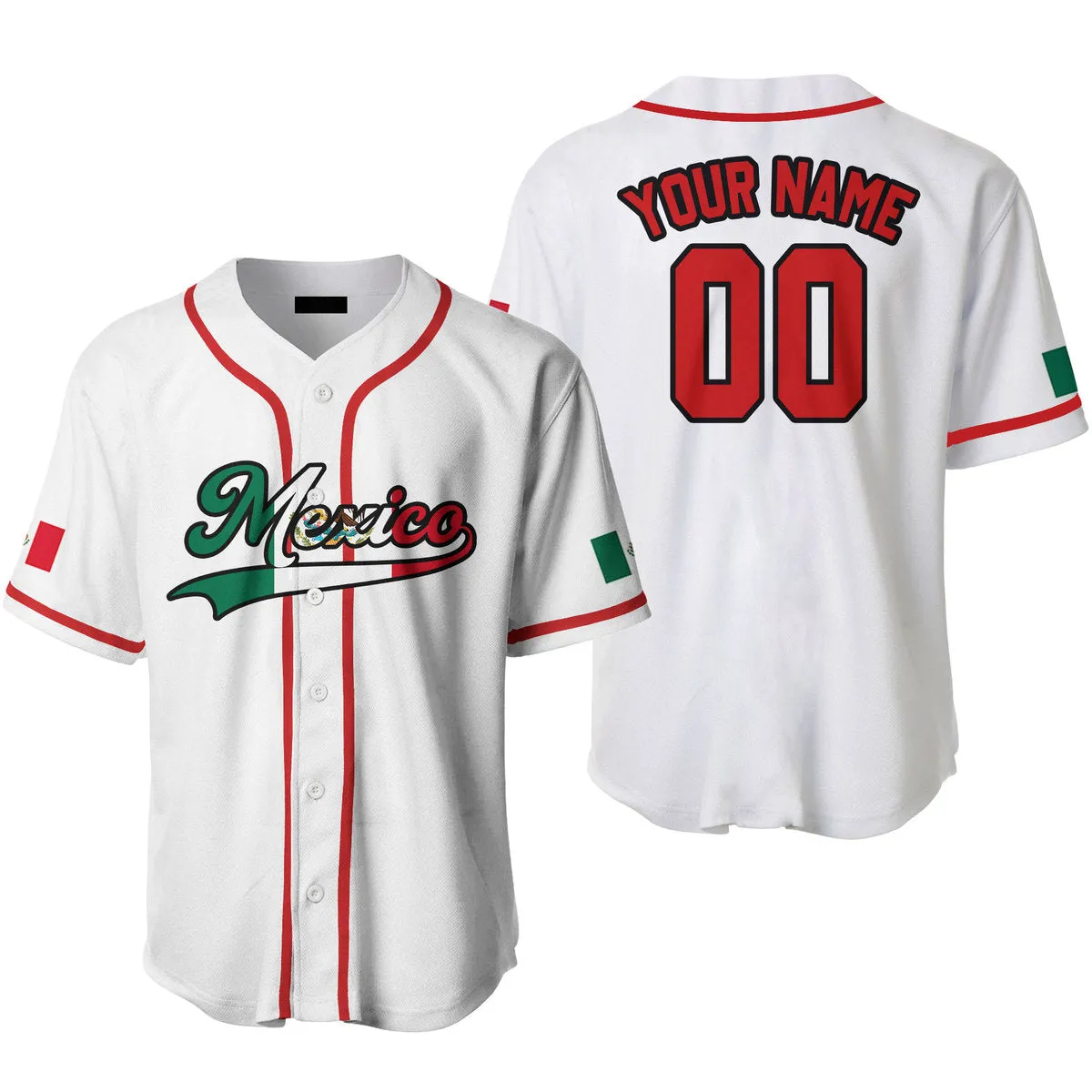 Mexico Text Pattern White Red Black Custom Name Baseball Jerseys, Idea Gift for Mexican