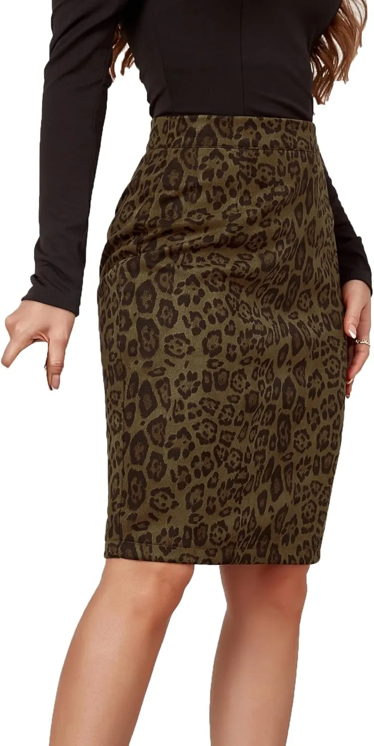 Mingnos Women's Suede Leopard Print High Waisted Bodycon Slit Midi Pencil Skirt