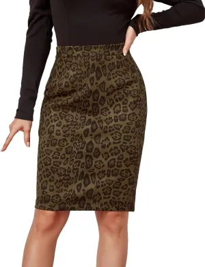 Mingnos Women's Suede Leopard Print High Waisted Bodycon Slit Midi Pencil Skirt