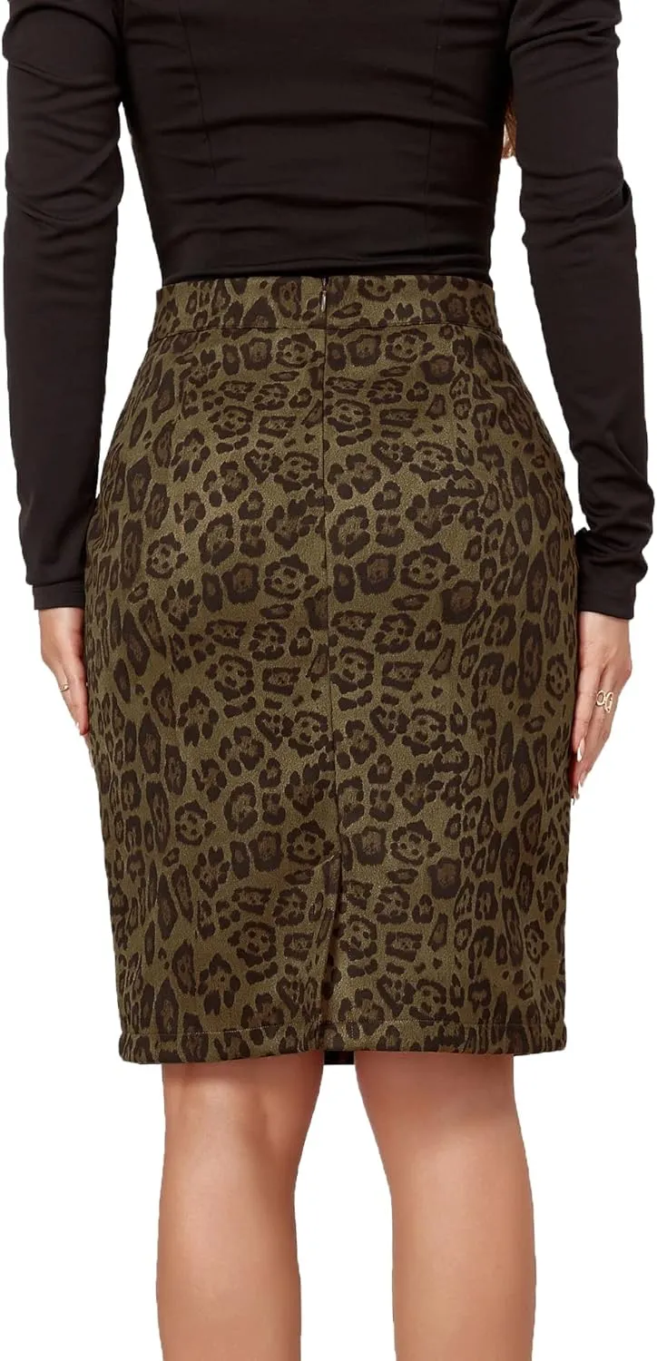 Mingnos Women's Suede Leopard Print High Waisted Bodycon Slit Midi Pencil Skirt