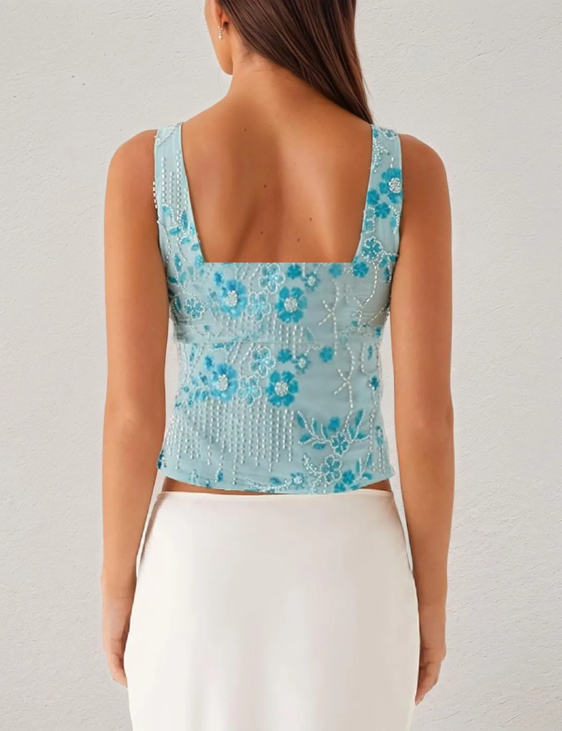 MISSACTIVER Women Y2K Sequin Cami Top Sparkly Beaded Rhinestone Scoop Neck Tank Top Open Back Wide Strap Crop Tops Party