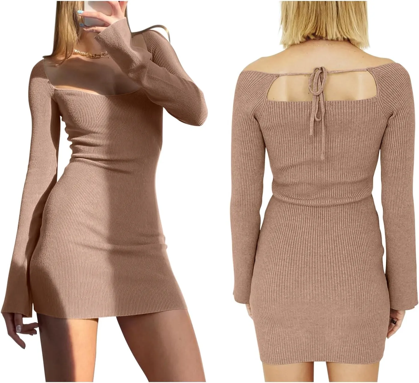 OWNGIGI Womens Sweetheart Neck Long Sleeve Bodycon Dress Ribbed Knit Slim Pullover Sexy Mini Sweater Dresses