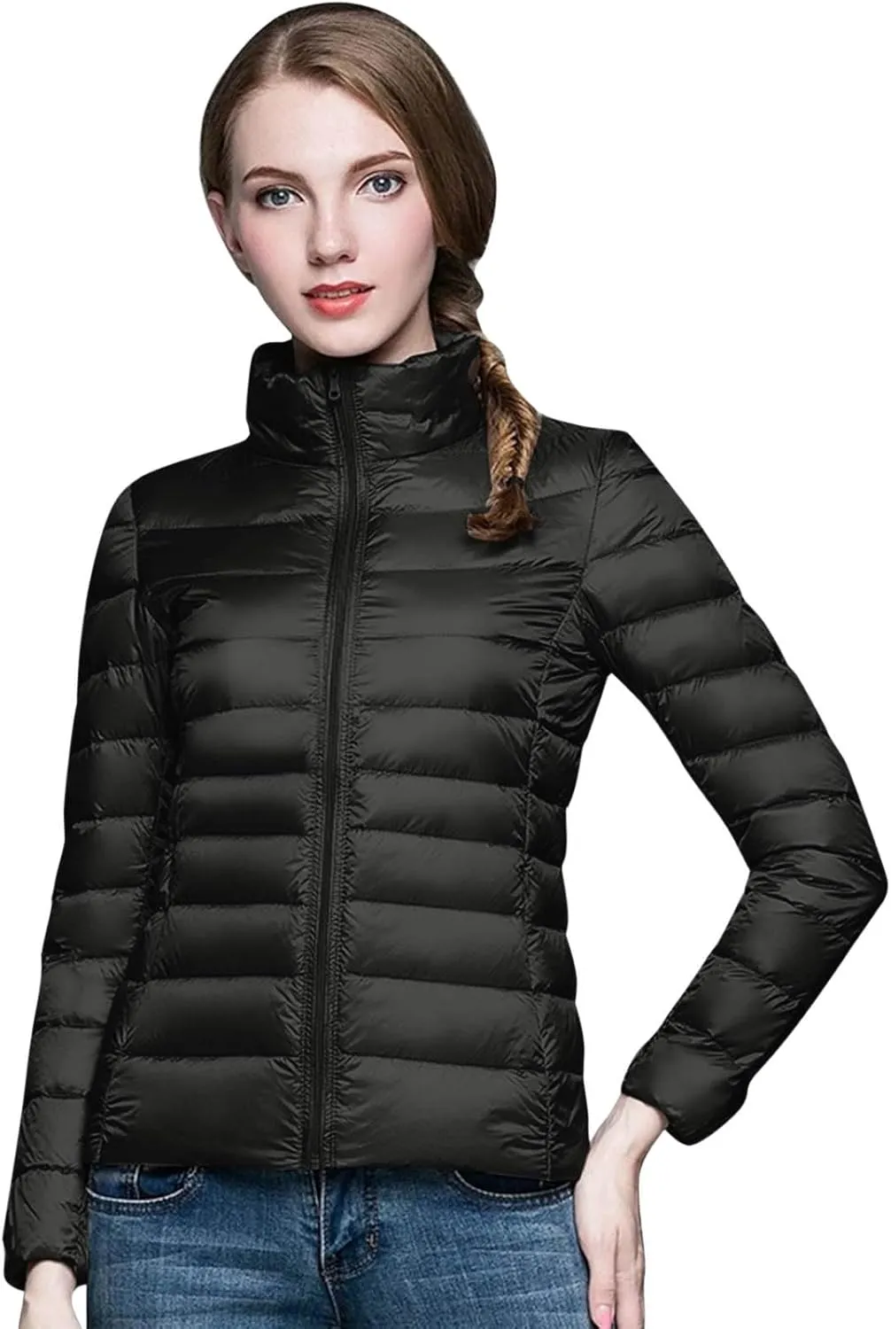Packable Down Jacket Womens Lightweight Winter Duck Down Jackets Slim Fit Bubble Coat Zipper Warm Puffer Jacket with Hood