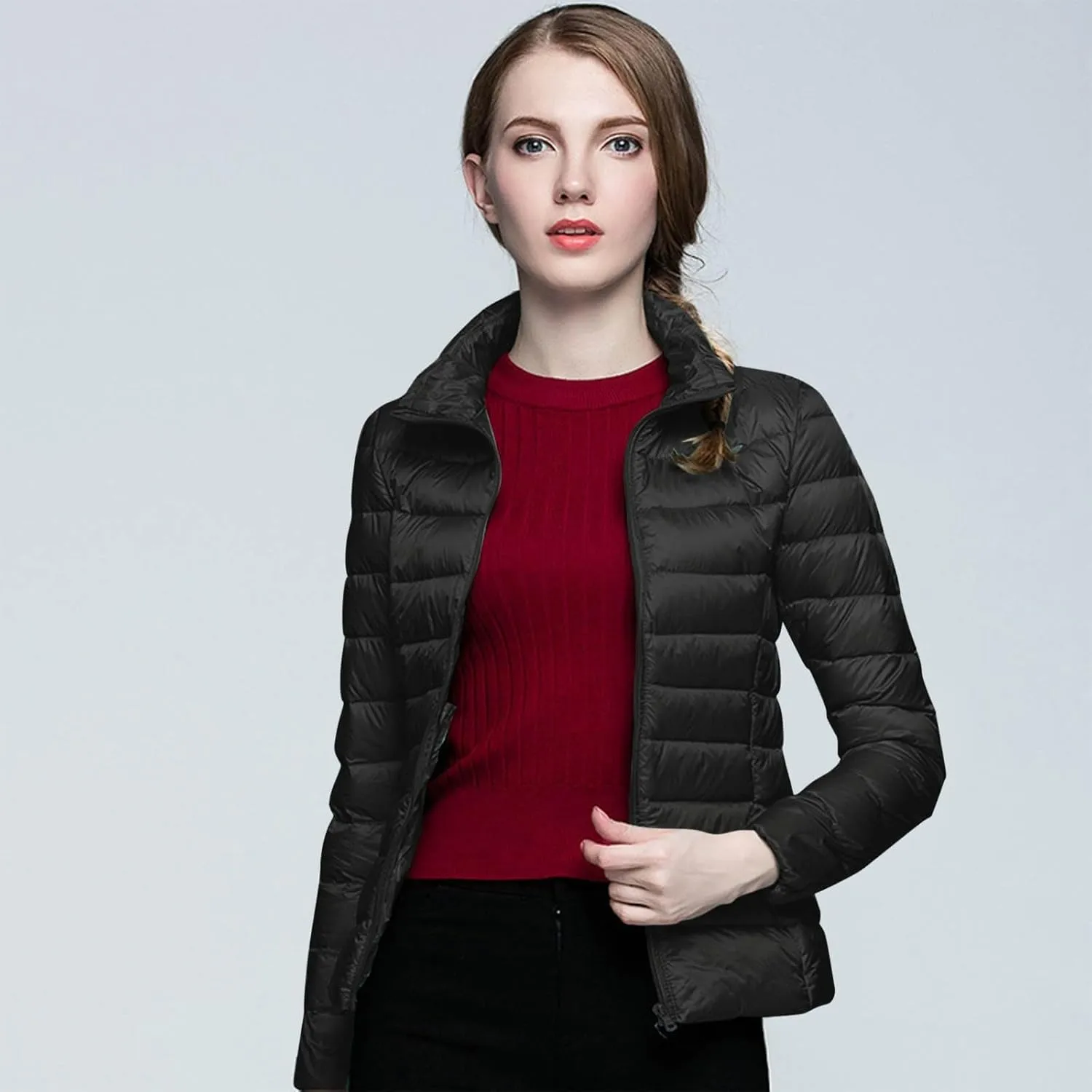 Packable Down Jacket Womens Lightweight Winter Duck Down Jackets Slim Fit Bubble Coat Zipper Warm Puffer Jacket with Hood