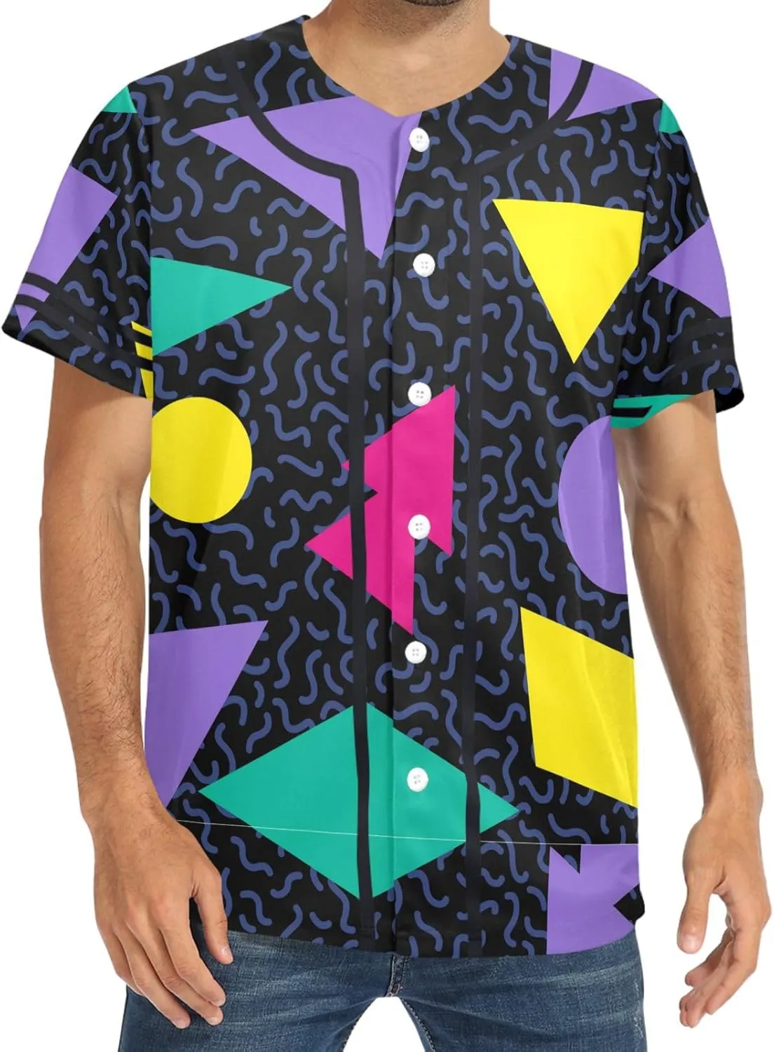 Pigsaly Men's Baseball Jersey Eighties Neon Geometric Adult Hipster Hip Hop T Shirts Vintage 90s Fashion Sports Uniform XS