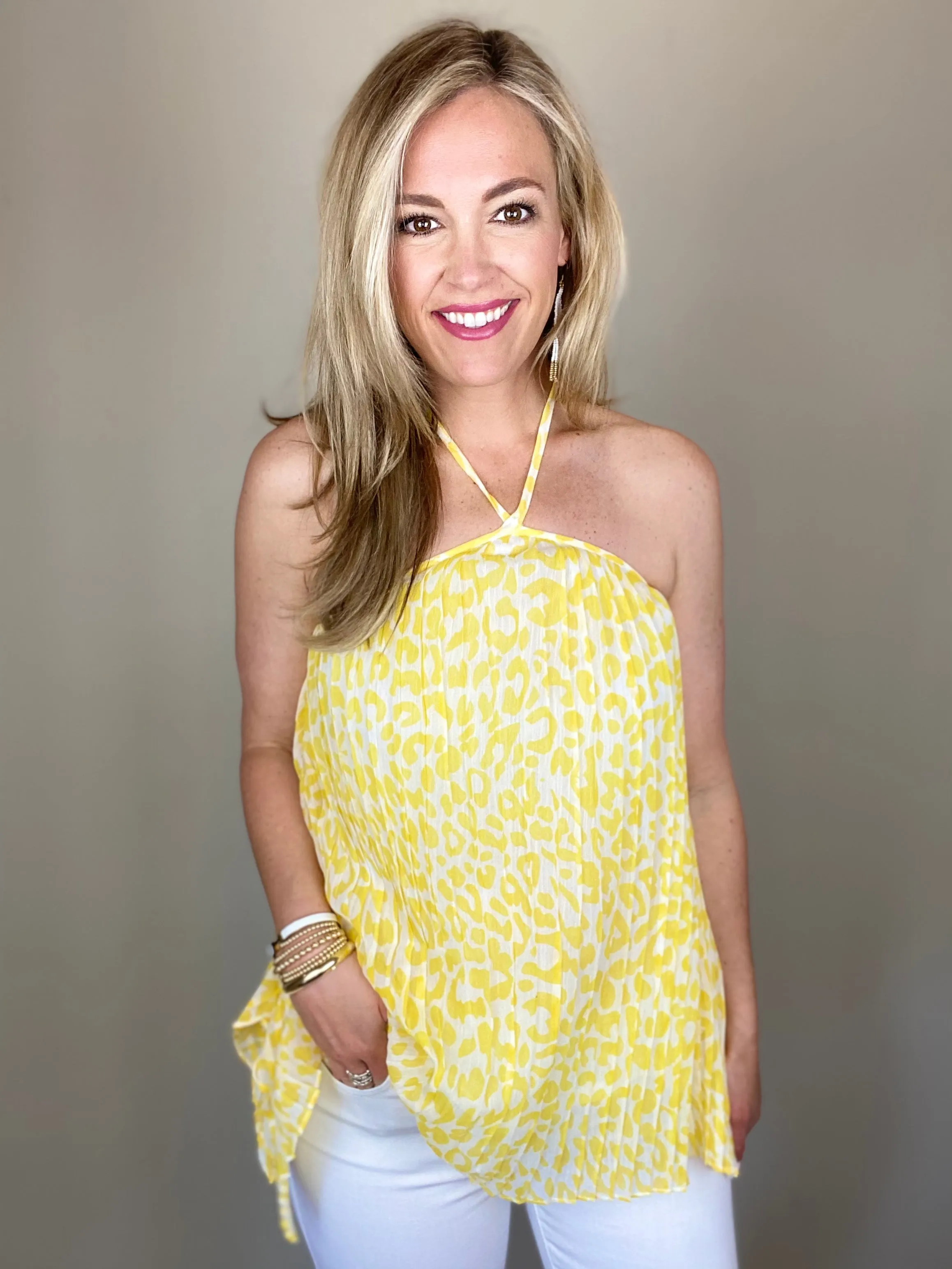 Pleated Leopard Halter Top- Yellow