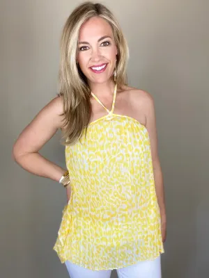Pleated Leopard Halter Top- Yellow