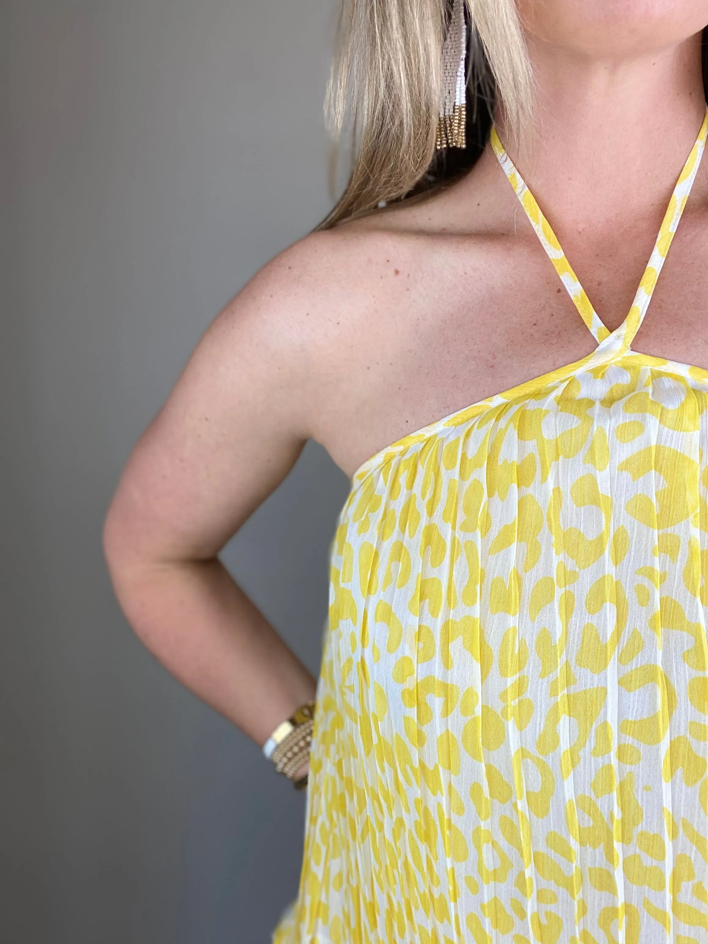 Pleated Leopard Halter Top- Yellow