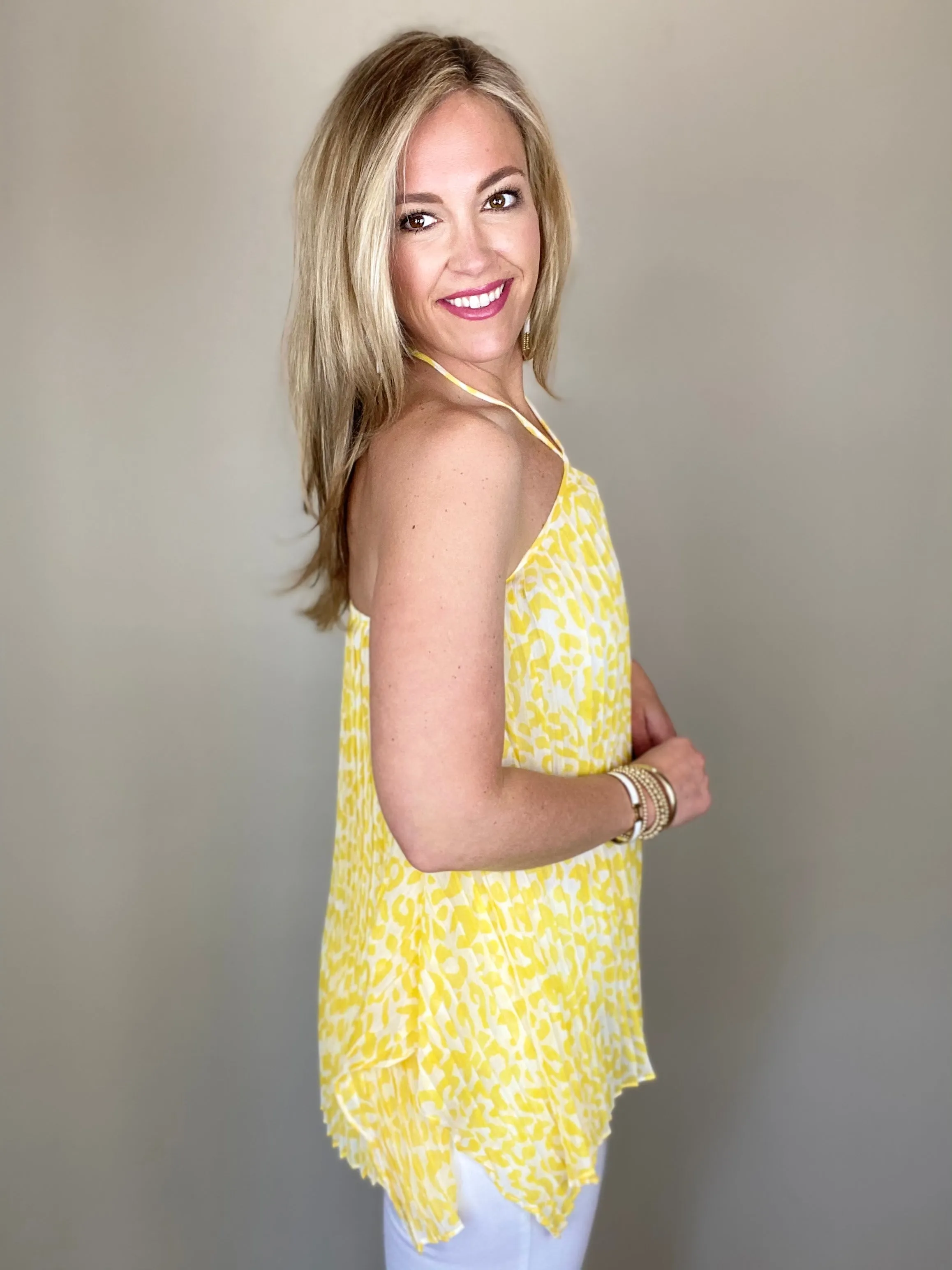 Pleated Leopard Halter Top- Yellow