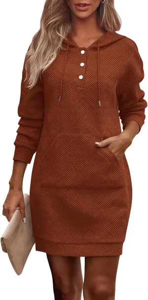 PRETTYGARDEN Womens Long Sleeve Hoodies Dress 2025 Fall Trendy Texture Sweatshirts Button Hooded Winter Dresses with Pockets